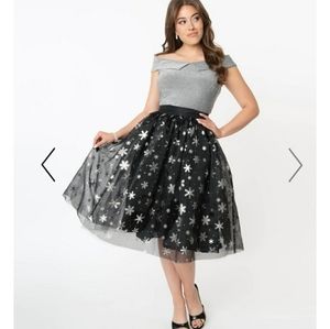 Unique Vintage Black Snowflake Tulle Holiday Skirt